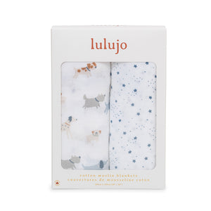 Lulujo - Cotton Swaddle - Puppy Dog & Stars - 2 Pack